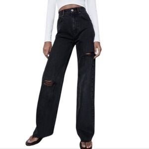 ZARA ripped wide leg jeans black distressed NWT Blogger favorite